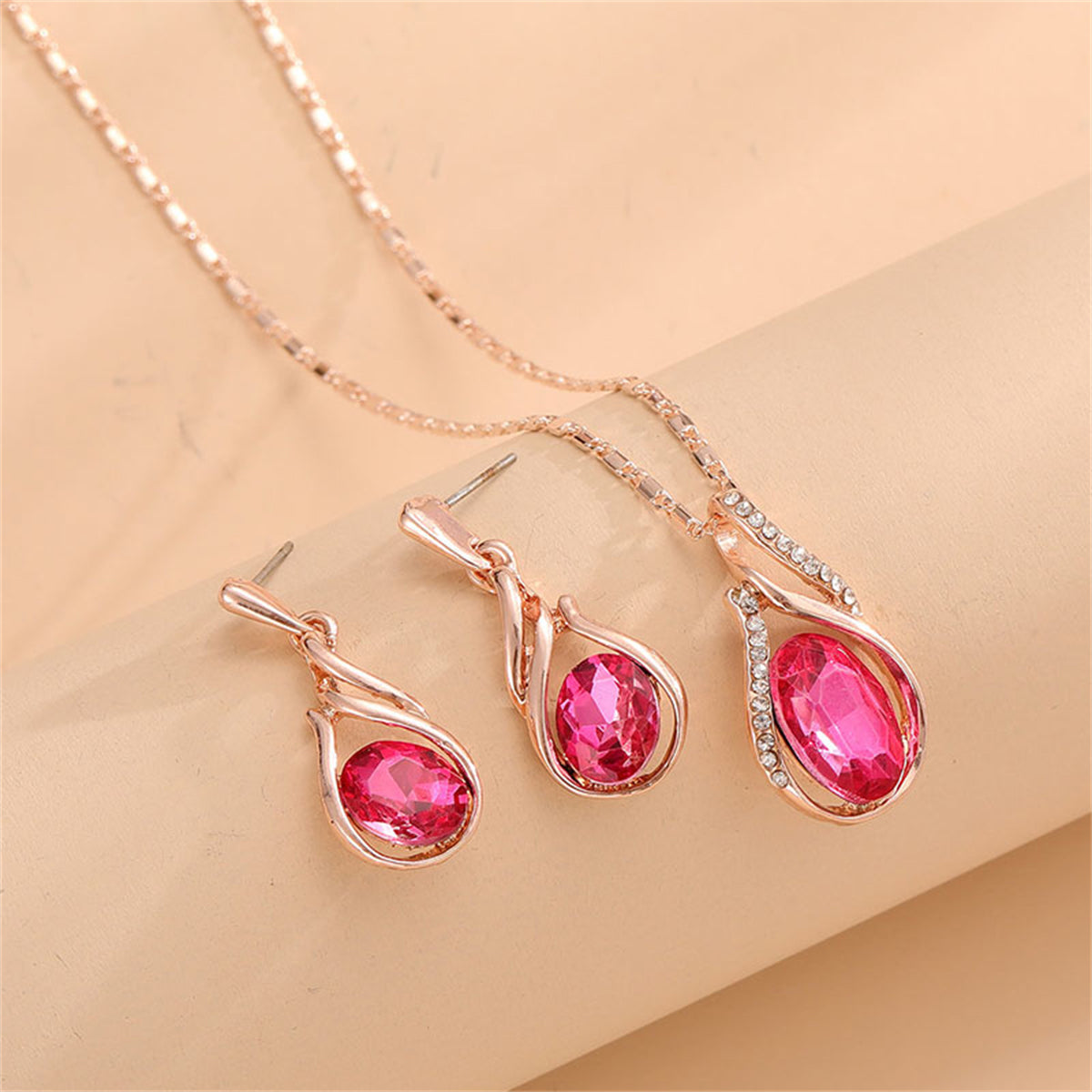 Red Crystal and Cubic Zirconia Pendant Necklace and Earrings, drop earrings for women, vintage-inspired design, front view