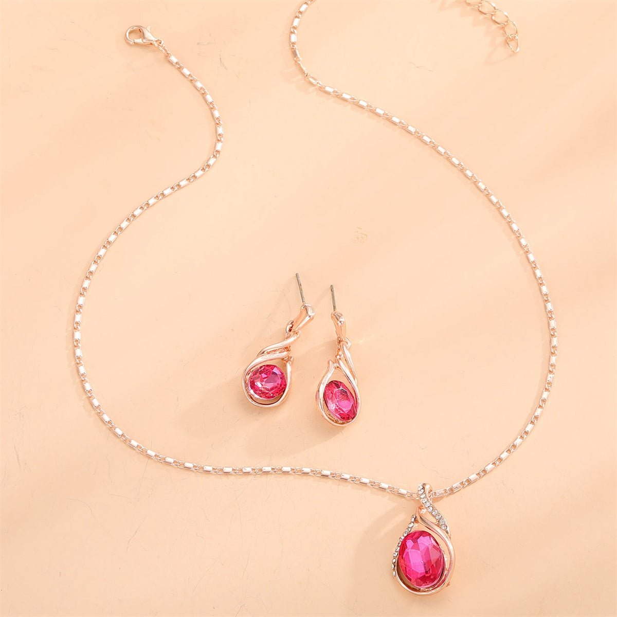 Red Crystal and Cubic Zirconia Pendant Necklace and Earrings, drop earrings for women, vintage-inspired design, styled look