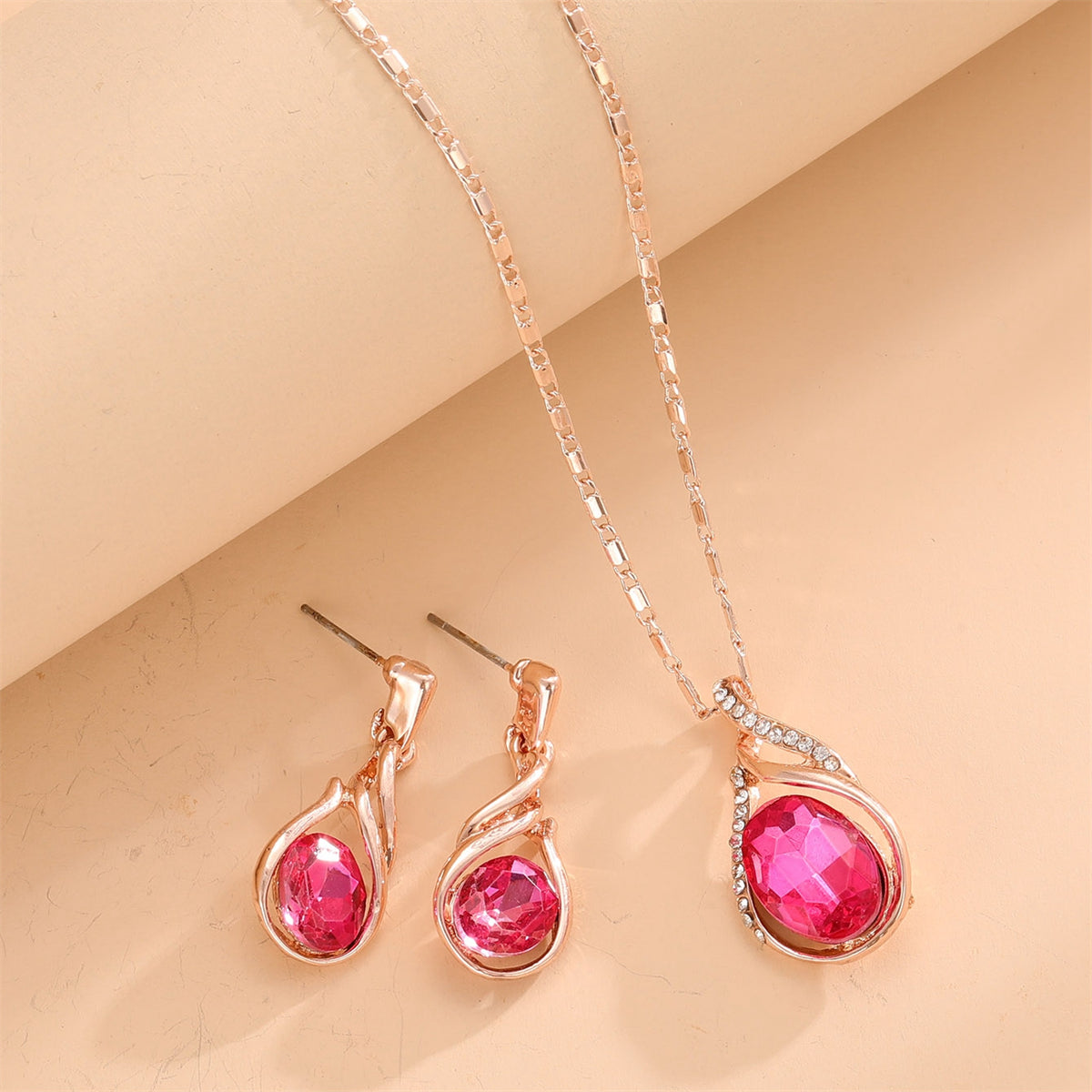 Red Crystal and Cubic Zirconia Pendant Necklace and Earrings, drop earrings for women, vintage-inspired design, side view