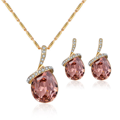 Crystal and Cubic Zirconia 18K Gold-Plated Pendant Necklace Set, gold drop earrings for women, everyday style, front view