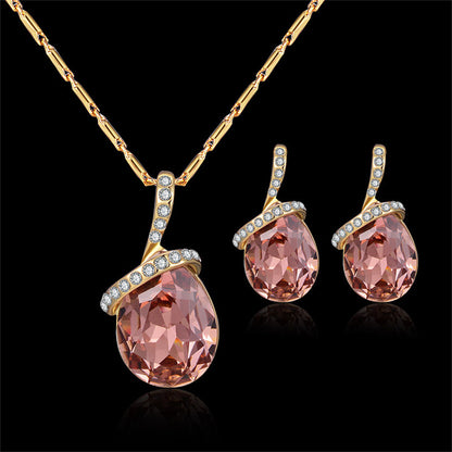 Crystal and Cubic Zirconia 18K Gold-Plated Pendant Necklace Set, gold drop earrings for women, everyday style, side view