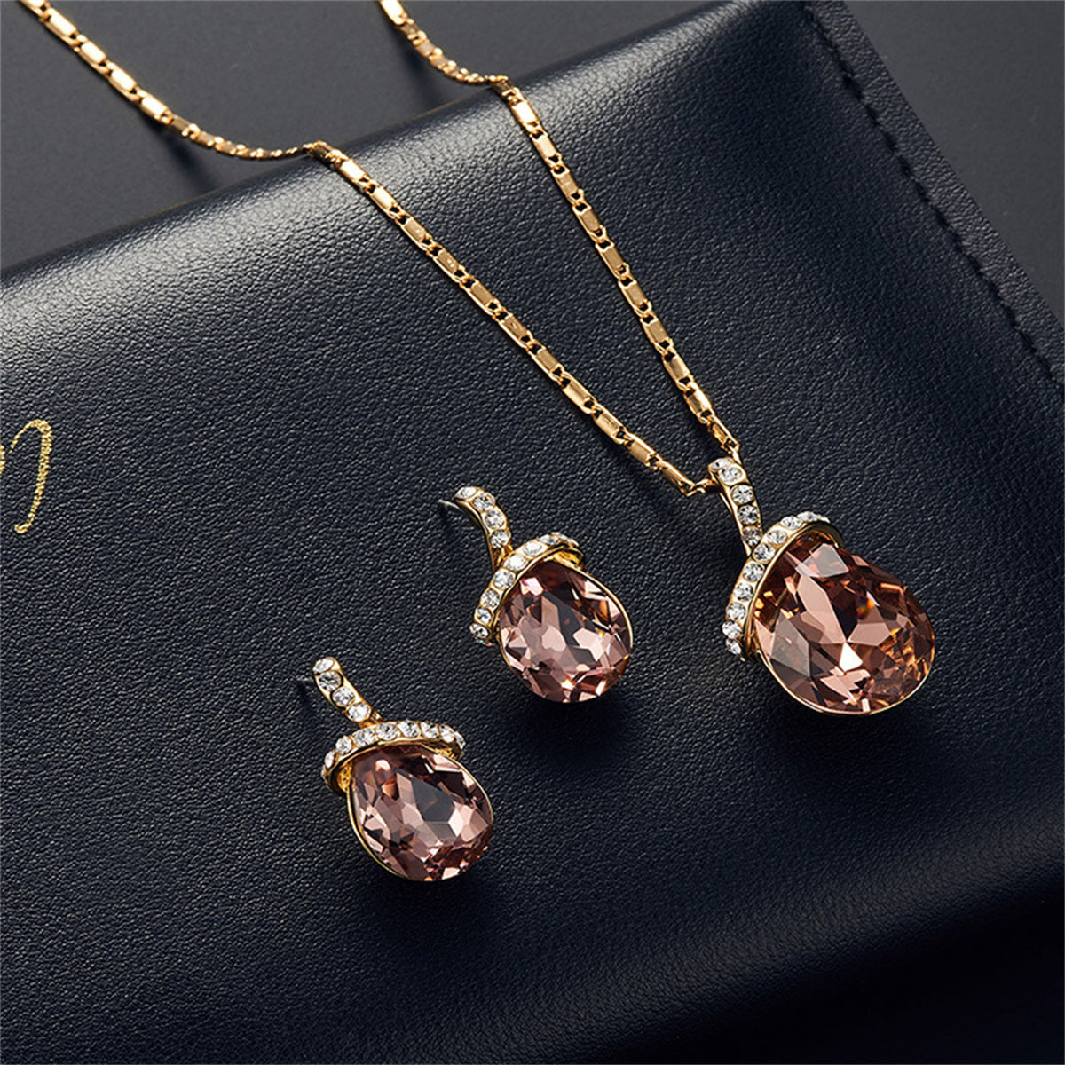 Crystal and Cubic Zirconia 18K Gold-Plated Pendant Necklace Set, gold drop earrings for women, detail close-up
