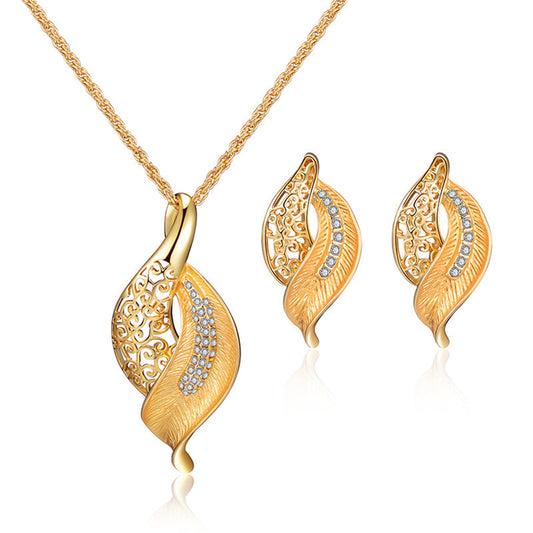 Cubic Zirconia and 18K Gold-Plated Leaf Drop Earrings and Pendant Necklace, gold stud earrings for women, front view