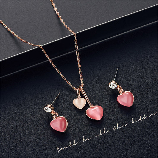 Red Cats Eye and Cubic Zirconia Heart Drop Earrings and Pendant Necklace, drop earrings for women, front view