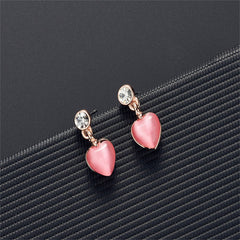 Red Cats Eye & Cubic Zirconia Heart Drop Earrings & Pendant Necklace