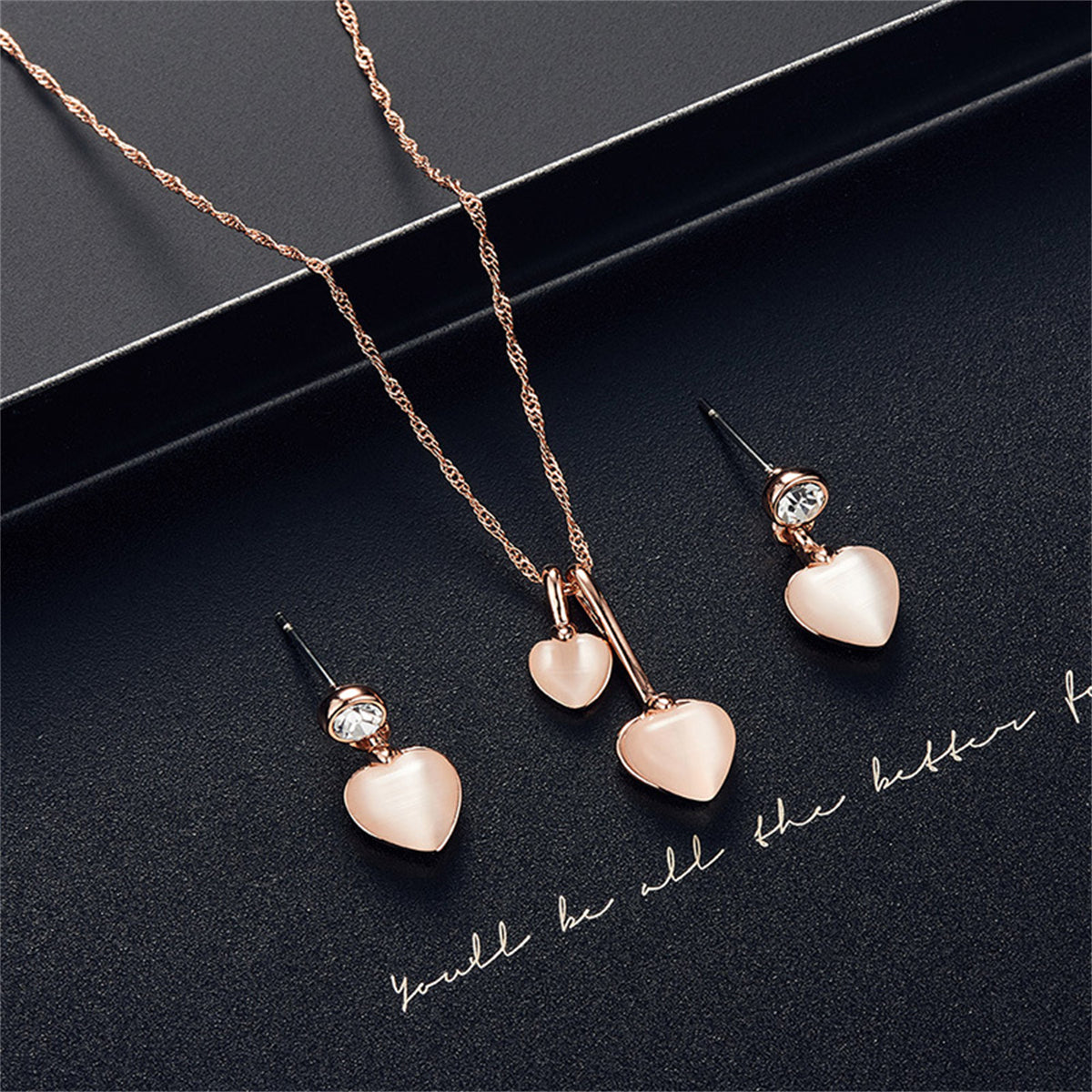 Cats Eye and Cubic Zirconia Drop Earrings and Pendant Necklace, drop earrings for women, everyday style, front view