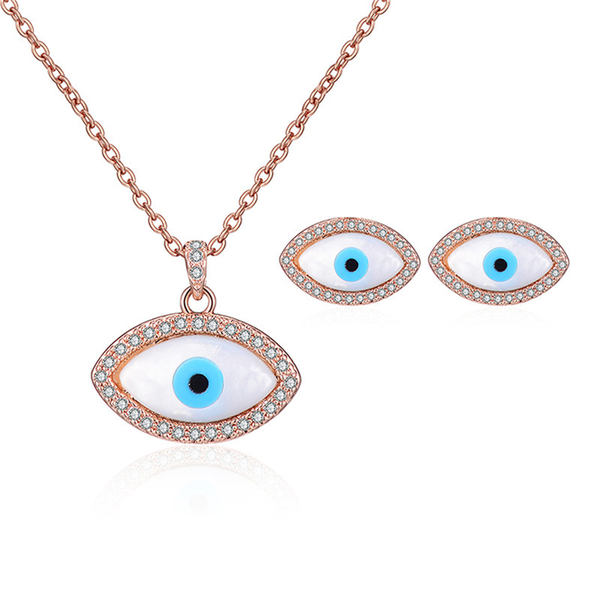 Cubic Zirconia and 18K Rose Gold-Plated Evil Eye Stud Earrings and Pendant Necklace, rose gold stud earrings..., front view