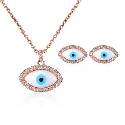 Cubic Zirconia and 18K Rose Gold-Plated Evil Eye Stud Earrings and Pendant Necklace, rose gold stud earrings..., front view