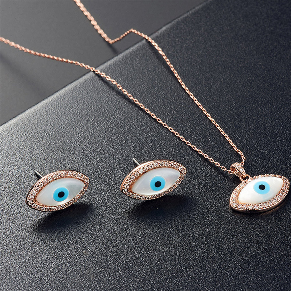 Cubic Zirconia and 18K Rose Gold-Plated Evil Eye Stud Earrings and Pendant Necklace, rose gold stud earrings..., side view