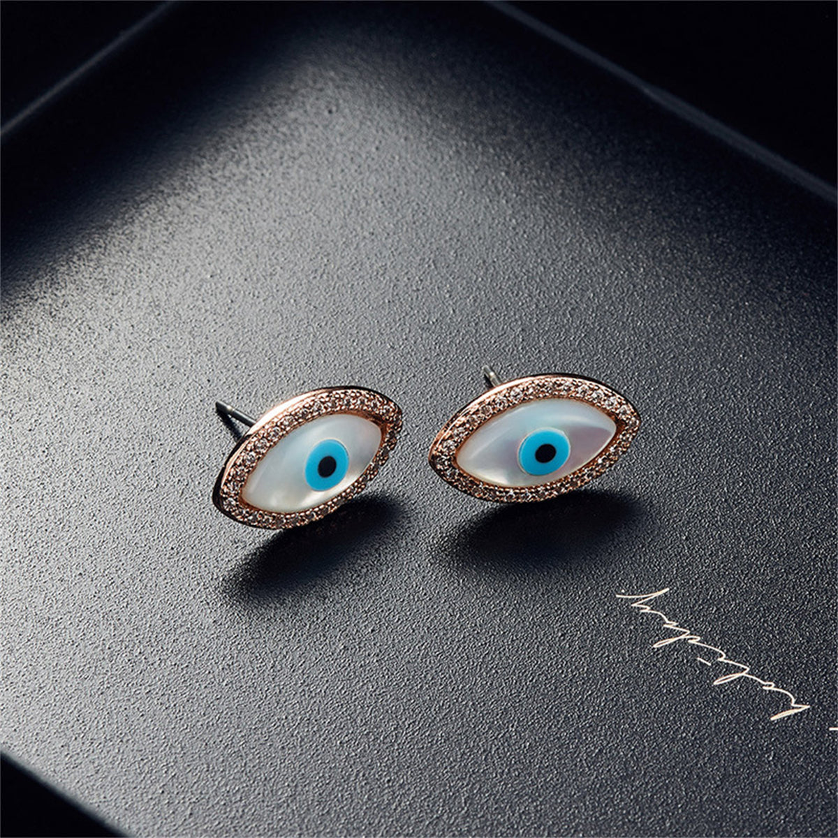 Cubic Zirconia and 18K Rose Gold-Plated Evil Eye Stud Earrings and Pendant Necklace, rose gold stud earrings..., styled look
