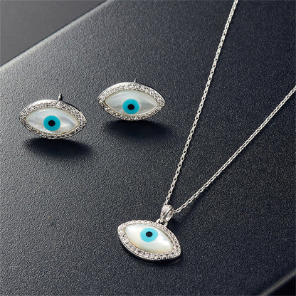 Cubic Zirconia and Silver-Plated Evil Eye Stud Earrings and Pendant Necklace, silver stud earrings for women, front view