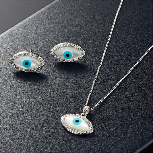 Cubic Zirconia and Silver-Plated Evil Eye Stud Earrings and Pendant Necklace, silver stud earrings for women, front view