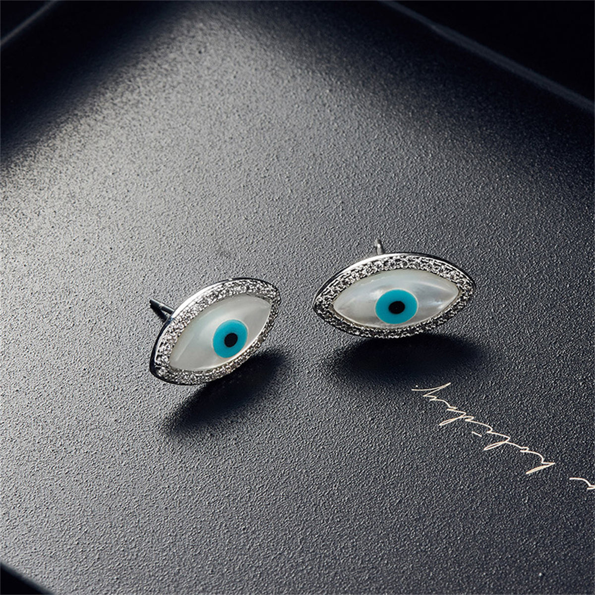 Cubic Zirconia and Silver-Plated Evil Eye Stud Earrings and Pendant Necklace, silver stud earrings for women, side view