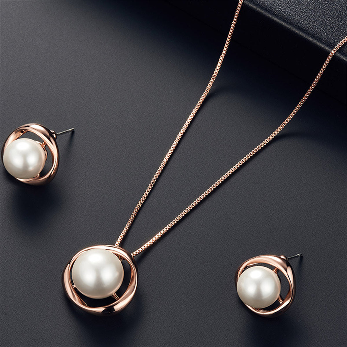 Pearl and 18K Rose Gold-Plated Stud Earrings and Pendant Necklace, rose gold stud earrings for women, front view