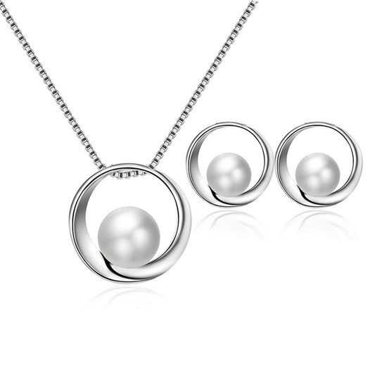 White Pearl and Silver-Plated Stud Earrings and Pendant Necklace, silver stud earrings for women, front view