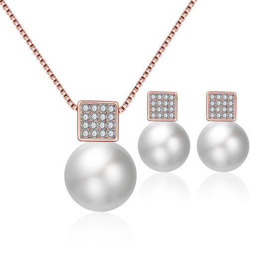 Pearl and Cubic Zirconia 18K Rose Gold-Plated Pendant Necklace and Earrings Set, rose gold drop earrings for..., front view