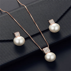 Pearl & Cubic Zirconia 18K Rose Gold-Plated Pendant Necklace & Earrings Set