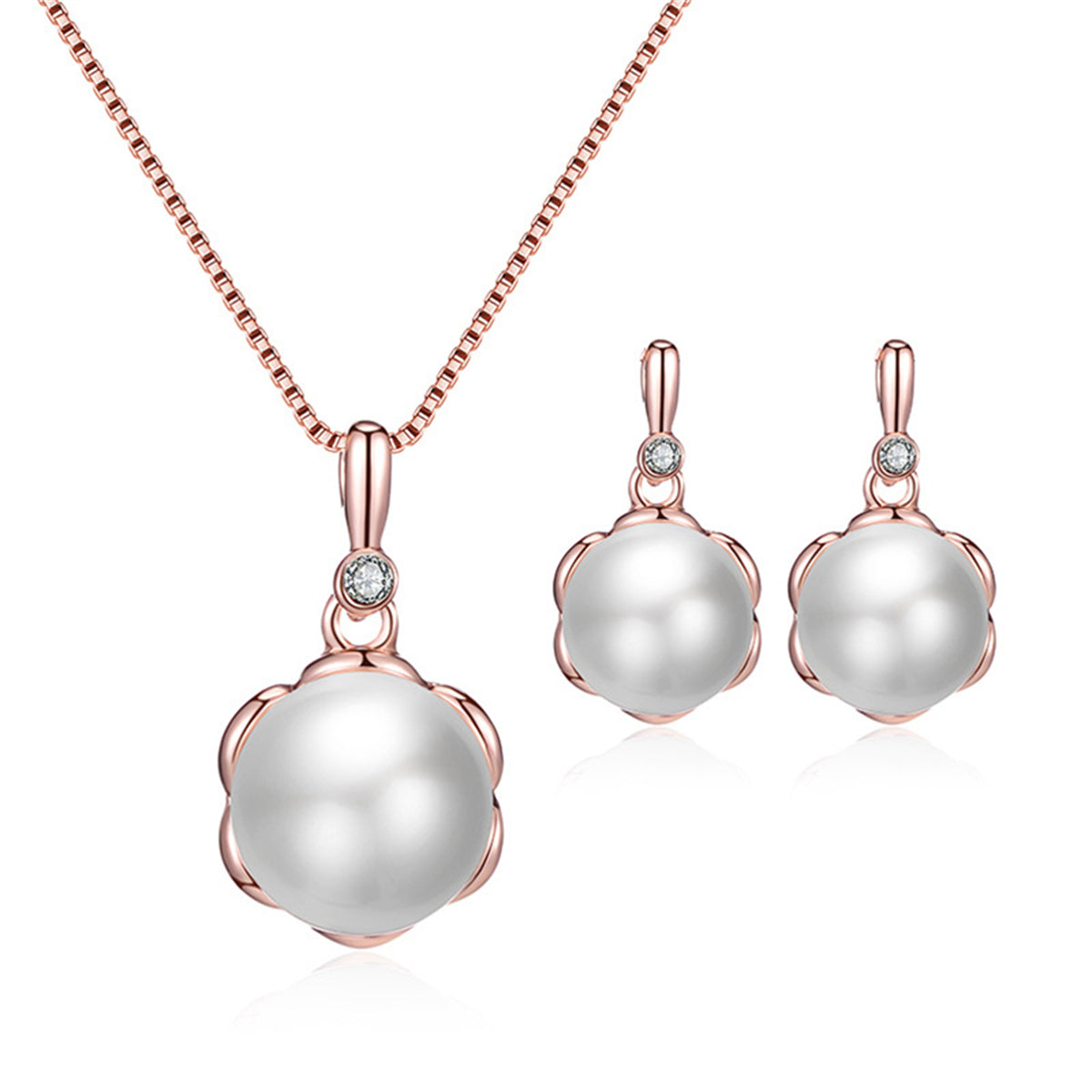 Pearl and 18K Rose Gold-Plated Blossom Pendant Necklace Set, rose gold drop earrings for women, botanical inspired, side view