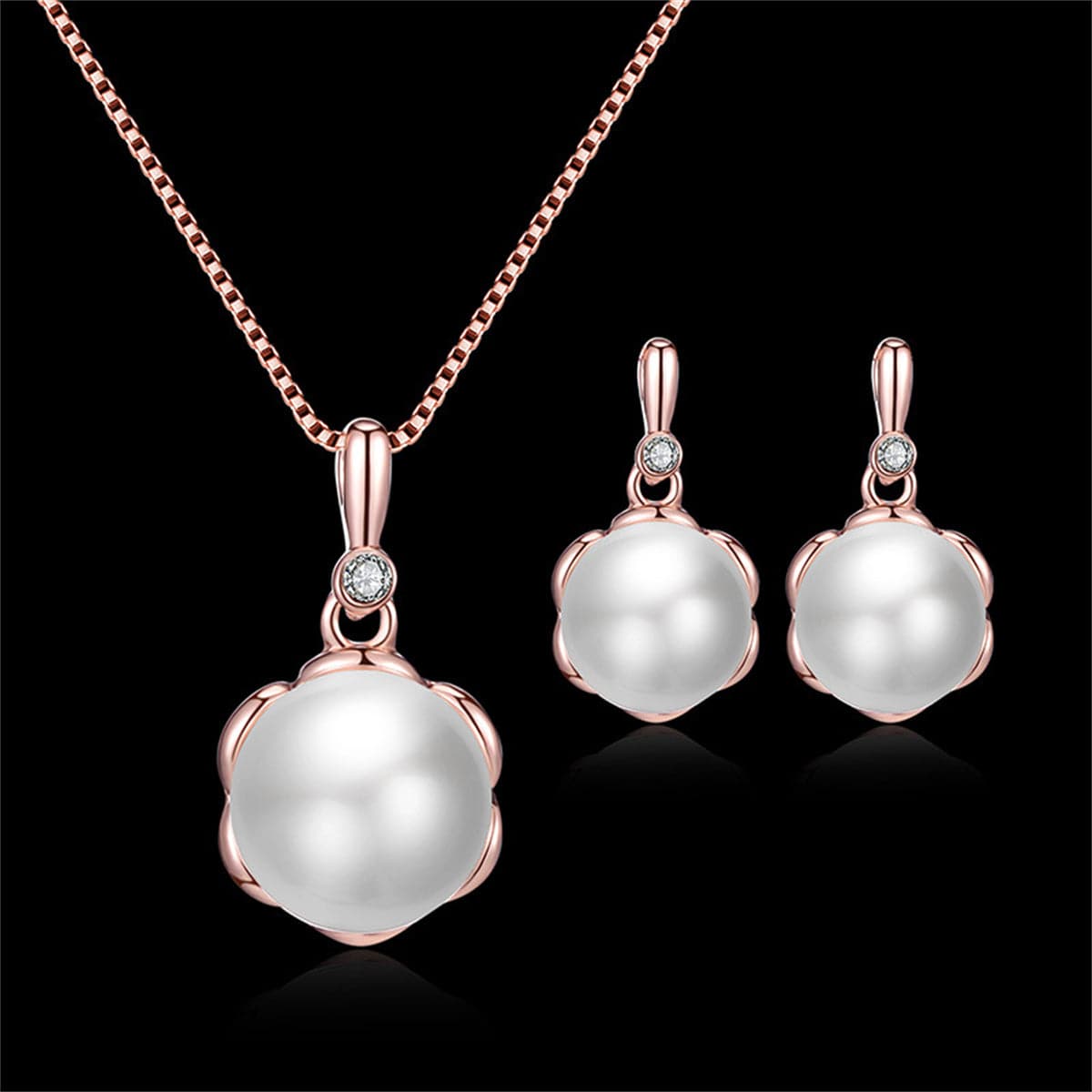 Pearl and 18K Rose Gold-Plated Blossom Pendant Necklace Set, rose gold drop earrings for women, front view