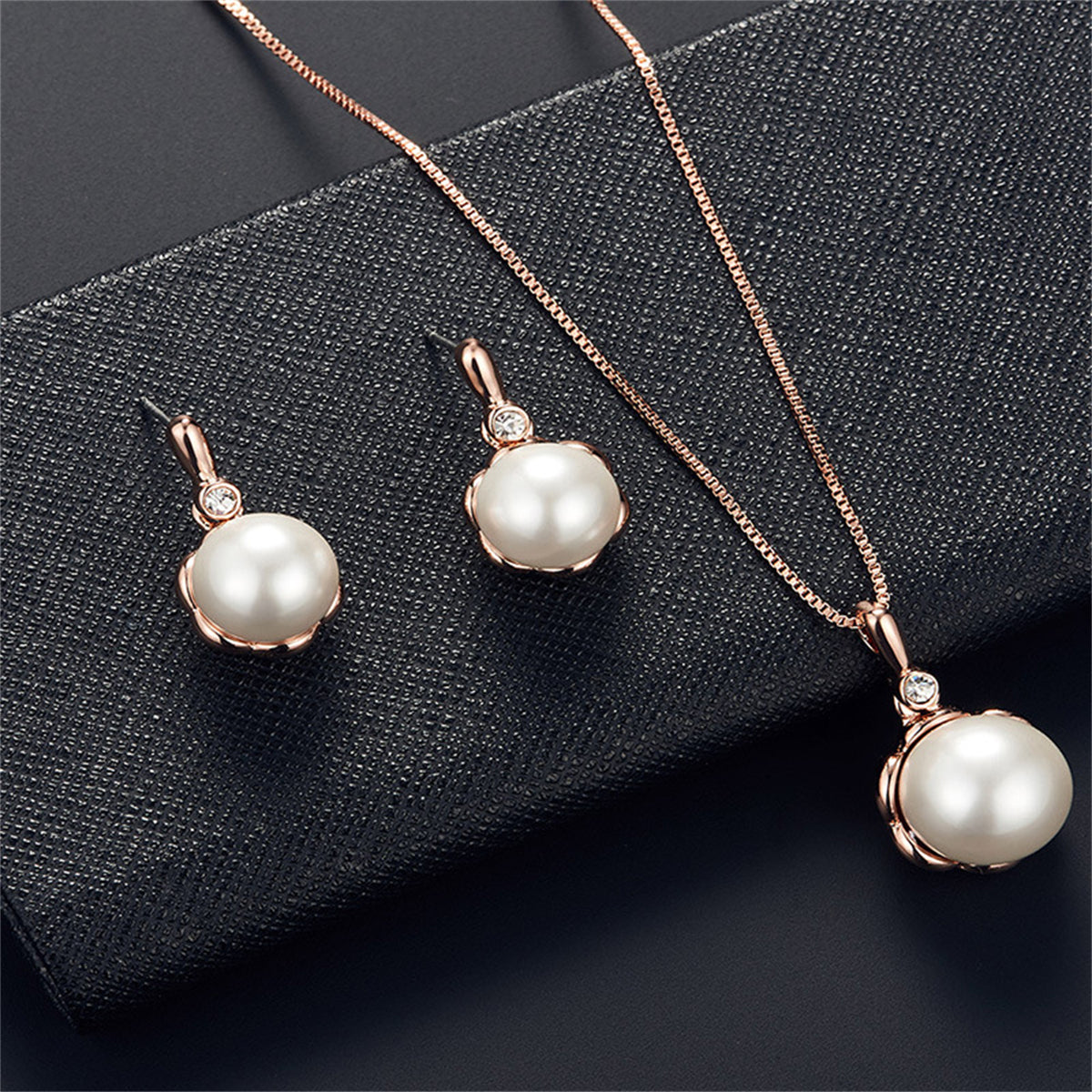 Pearl and 18K Rose Gold-Plated Blossom Pendant Necklace Set, rose gold drop earrings for women, detail close-up