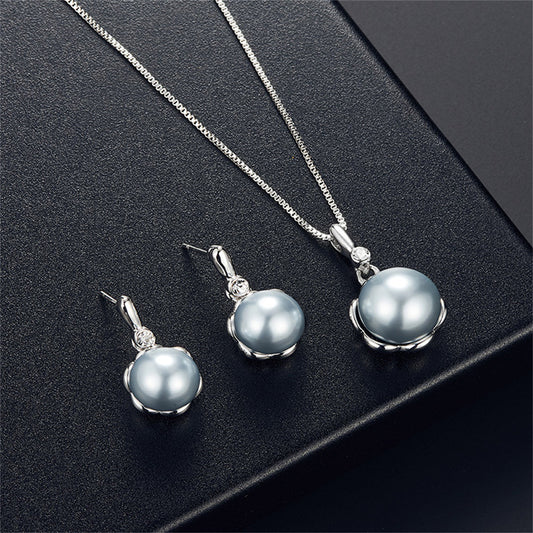 Pearl and Cubic Zirconia Blossom Earrings and Pendant Necklace, drop earrings for women, dainty minimalist design, front view