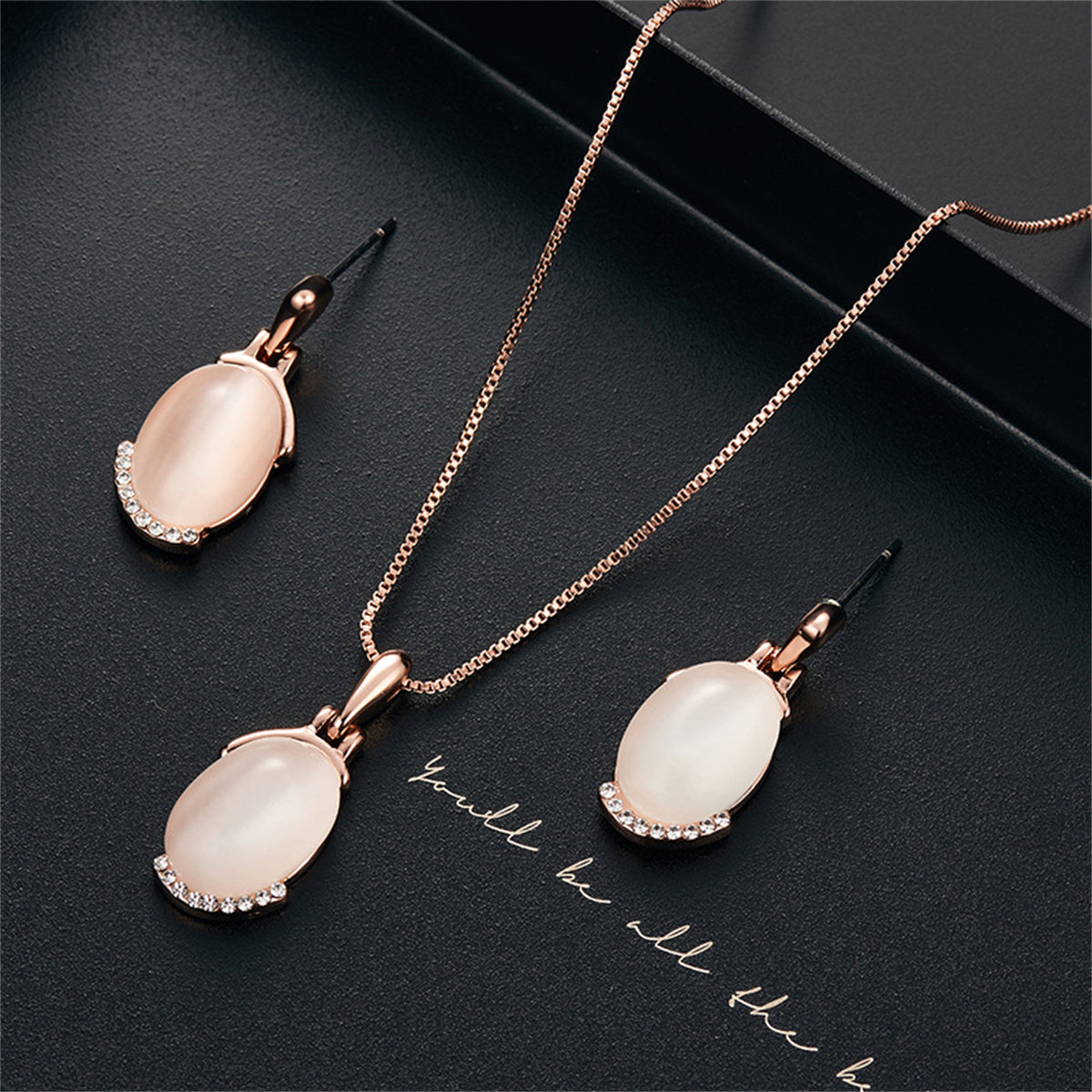 Cats Eye and Cubic Zirconia Drop Earring and Pendant Necklace, drop earrings for women, vintage-inspired design, front view