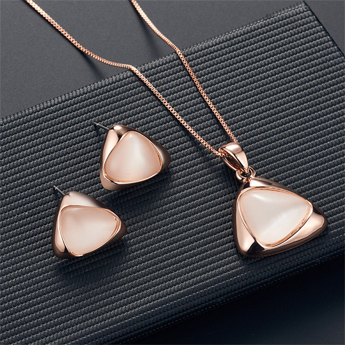 Cats Eye and 18K Gold-Plated Triangle Stud Earrings and Pendant Necklace, gold stud earrings for women, front view