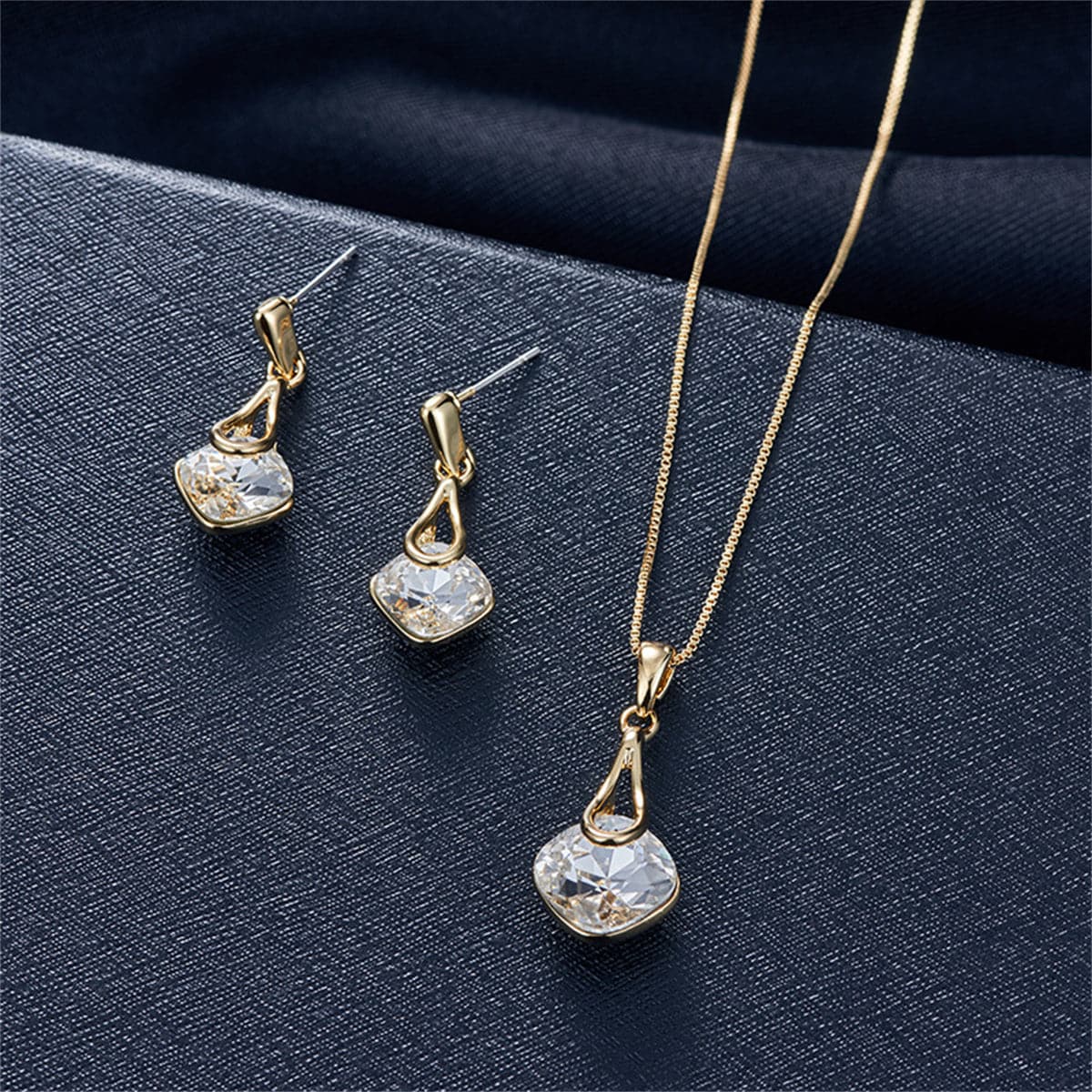 Crystal and 18K Gold-Plated Drop Earrings and Pendant Necklace, gold drop earrings for women, everyday style, front view