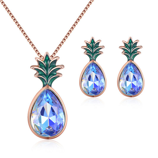Blue Crystal and 18K Rose Gold-Plated Pineapple Pendant Necklace and Earrings, rose gold stud earrings for women, front view