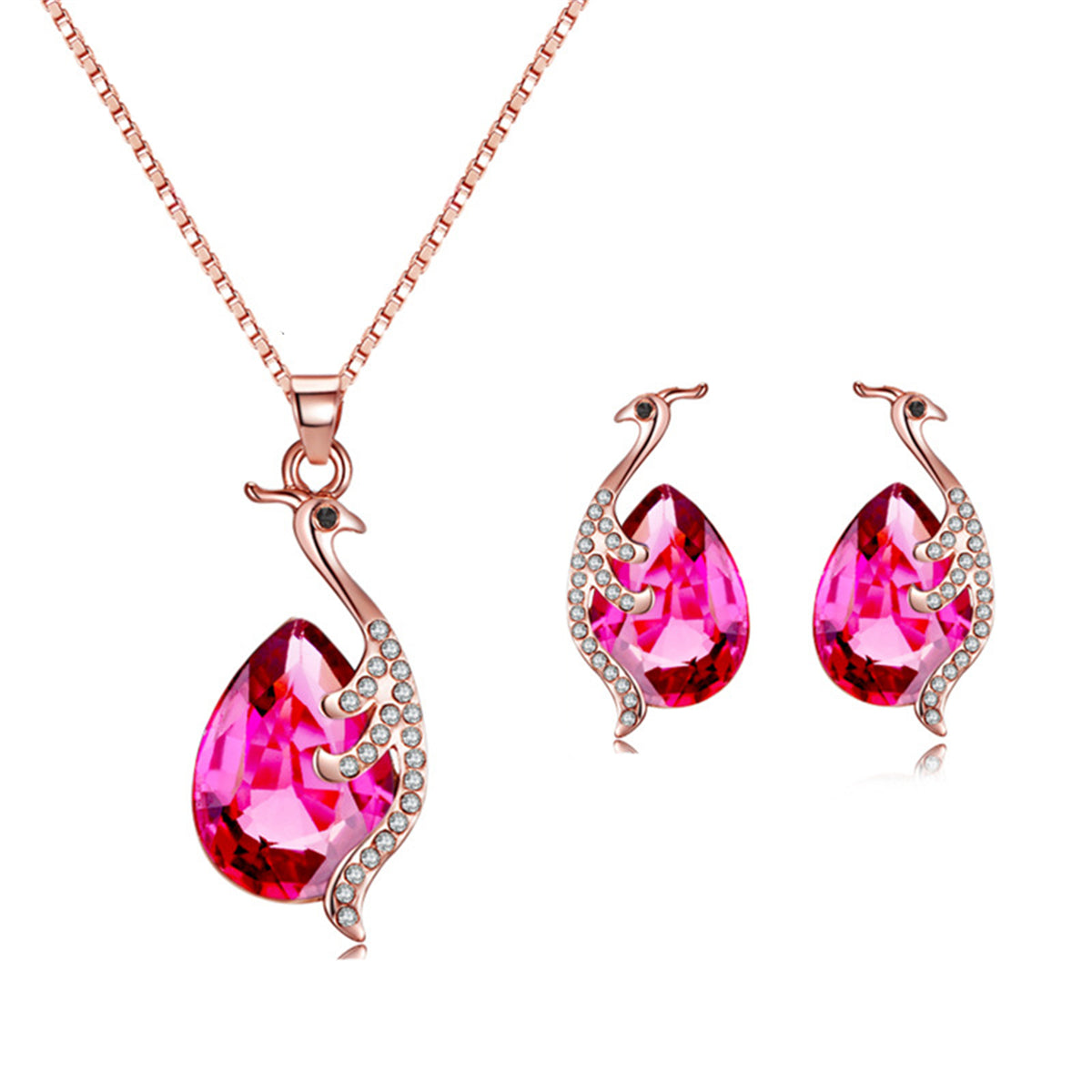 Red Crystal and Cubic Zirconia Peacock Pendant Necklace and Earrings, stud earrings for women, front view