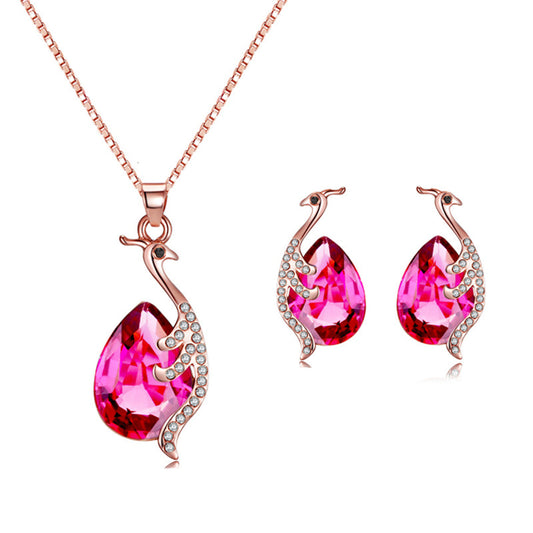 Red Crystal and Cubic Zirconia Peacock Pendant Necklace and Earrings, stud earrings for women, front view