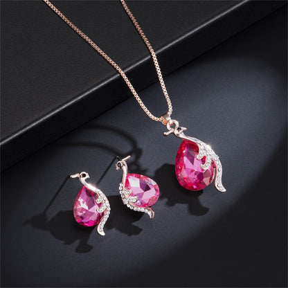 Red Crystal and Cubic Zirconia Peacock Pendant Necklace and Earrings, stud earrings for women, side view