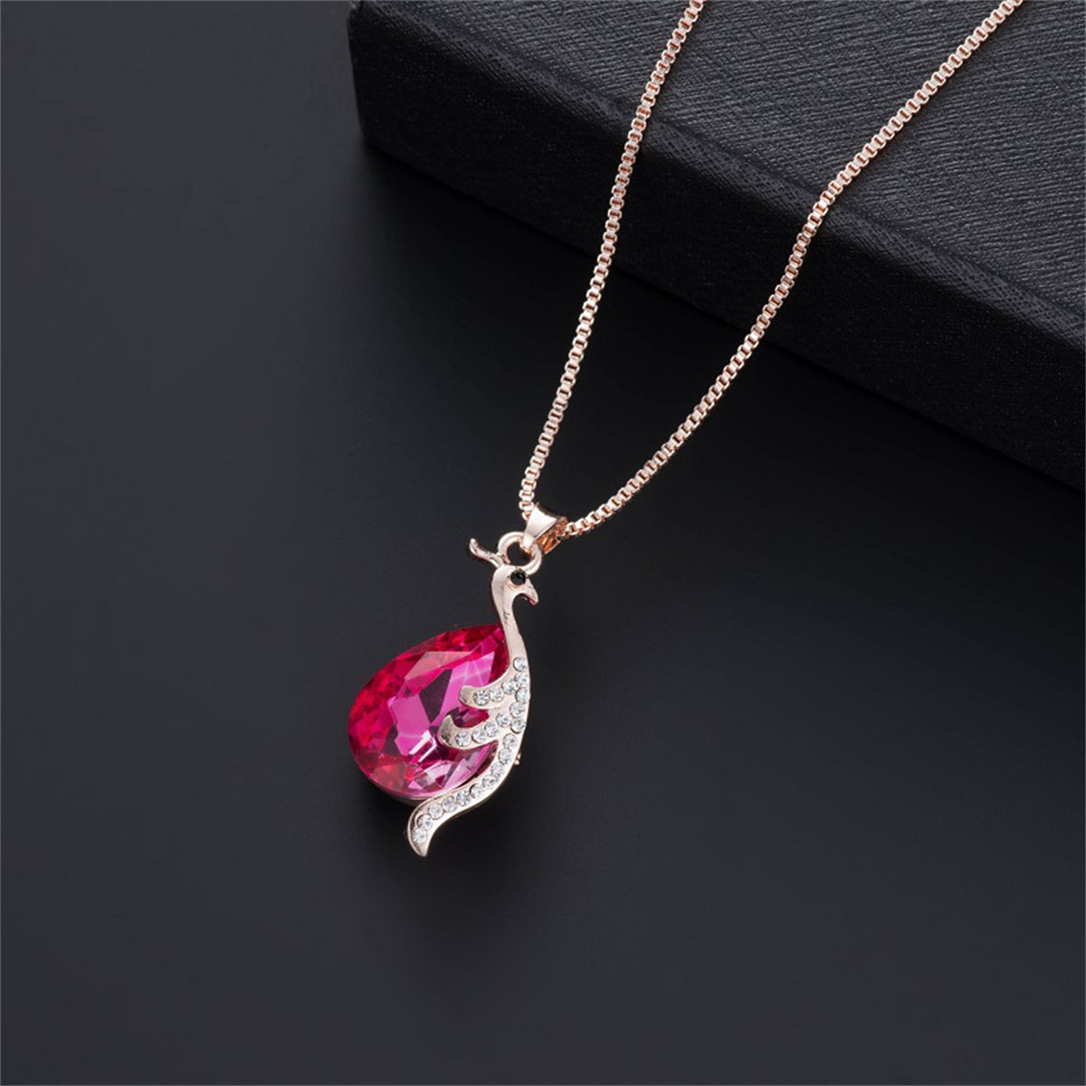 Red Crystal and Cubic Zirconia Peacock Pendant Necklace and Earrings, stud earrings for women, detail close-up