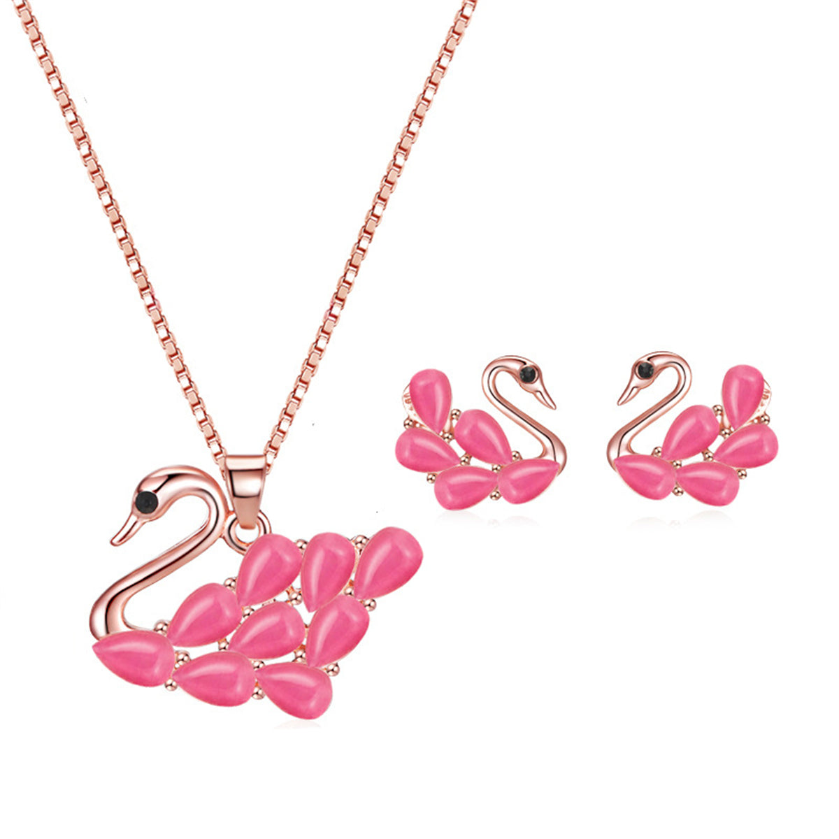 Red Cats Eye & Cubic Zirconia Swan Pendant Necklace & Earrings Set