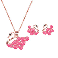 Red Cats Eye & Cubic Zirconia Swan Pendant Necklace & Earrings Set
