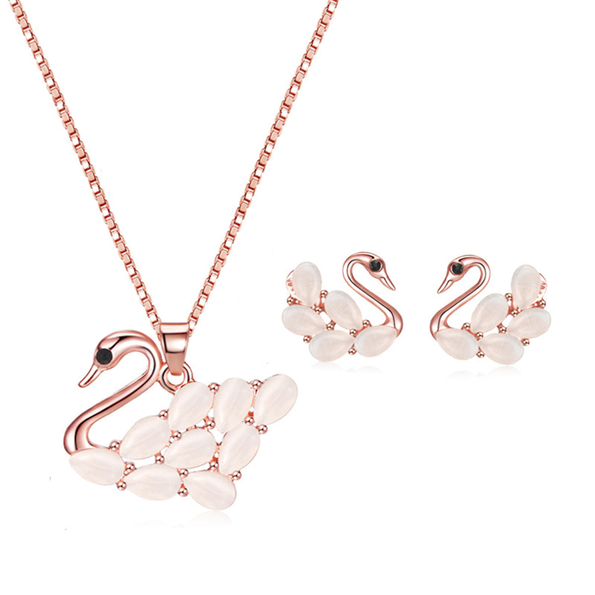Cats Eye & Cubic Zirconia Swan Pendant Necklace & Earrings