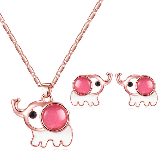 Pink Rose Quartz and Cubic Zirconia Elephant Pendant Necklace Set, stud earrings for women, everyday style, front view
