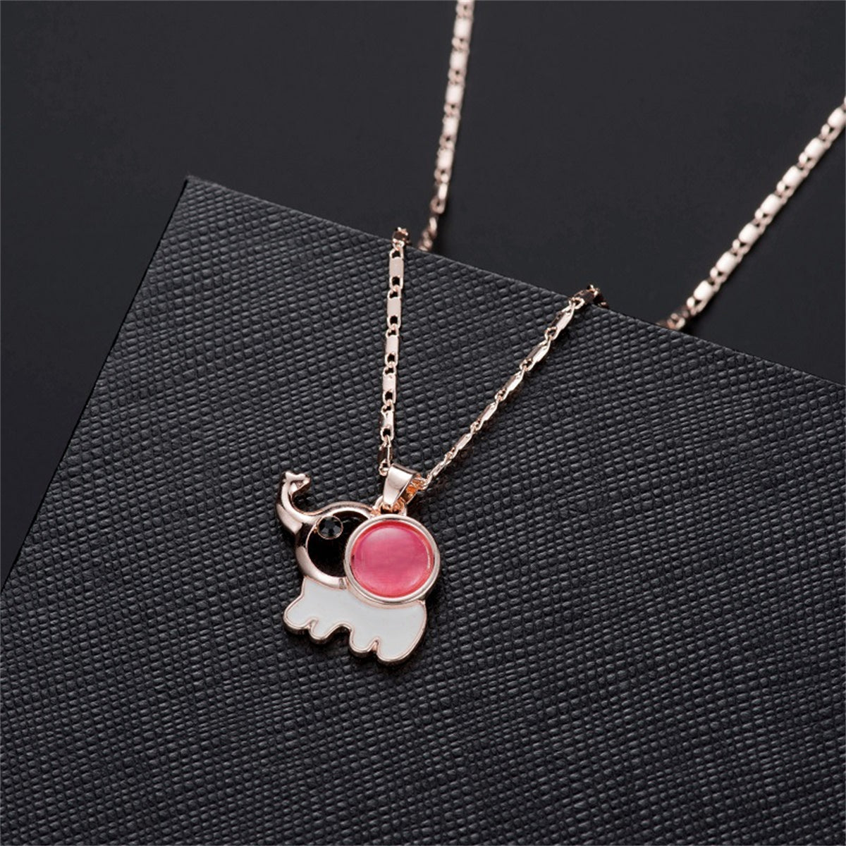 Pink Rose Quartz & Cubic Zirconia Elephant Pendant Necklace Set