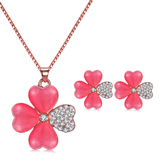 Red Cats Eye and Cubic Zirconia Clover Stud Earrings and Pendant Necklace, stud earrings for women, front view