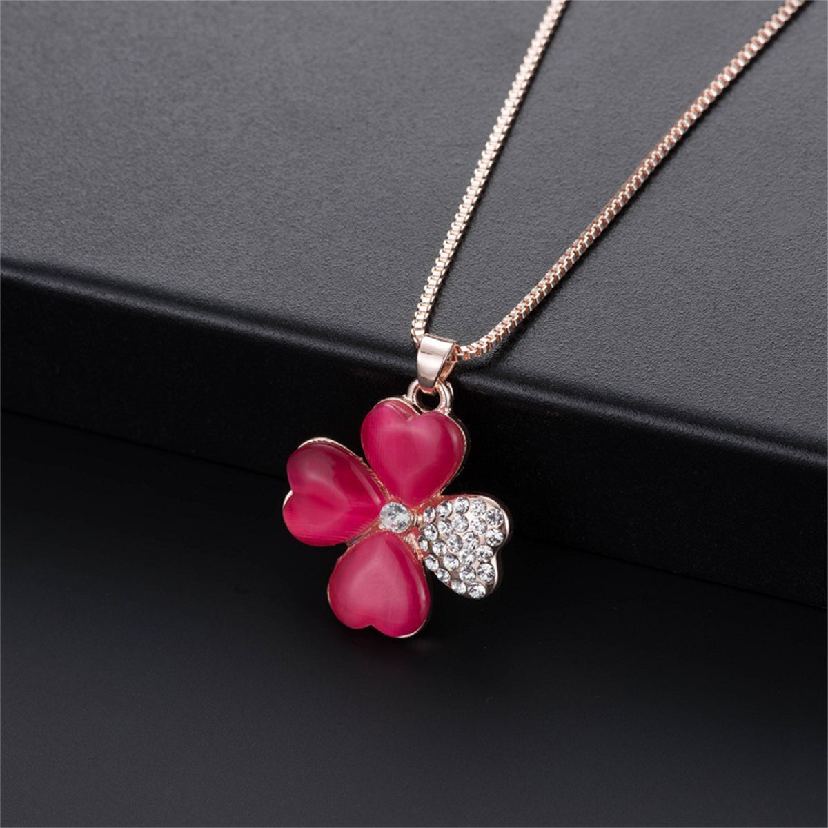 Red Cats Eye & Cubic Zirconia Clover Stud Earrings & Pendant Necklace