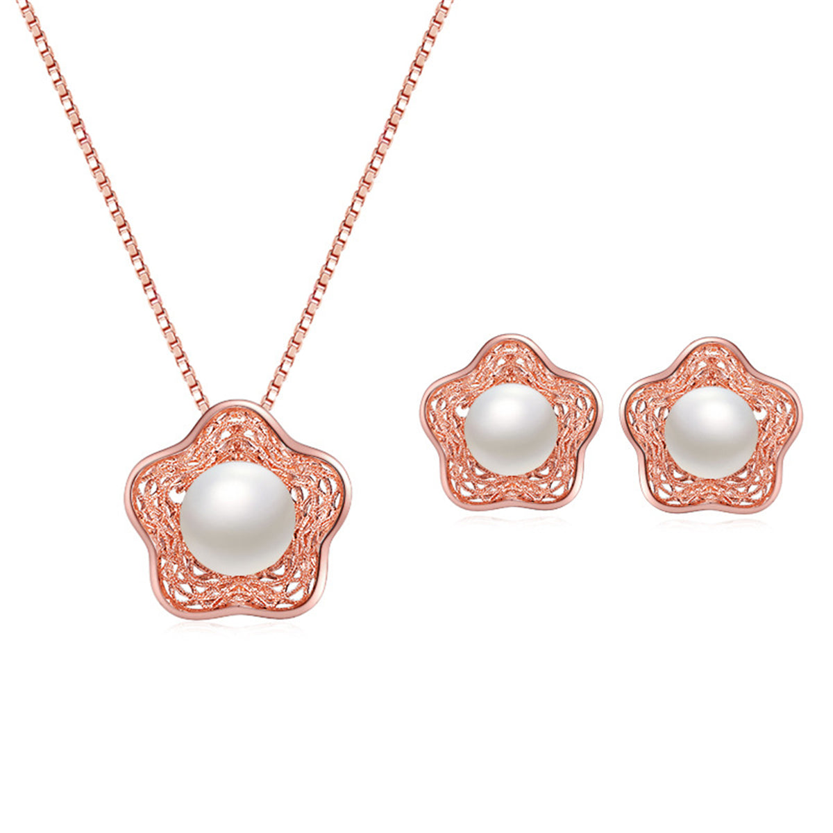 Pearl and 18K Rose Gold-Plated Flower Stud Earring and Pendant Necklace, rose gold stud earrings for women, front view