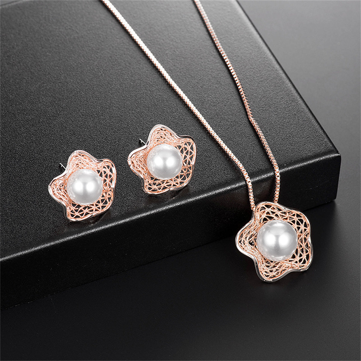 Pearl and 18K Rose Gold-Plated Flower Stud Earring and Pendant Necklace, rose gold stud earrings for women, side view