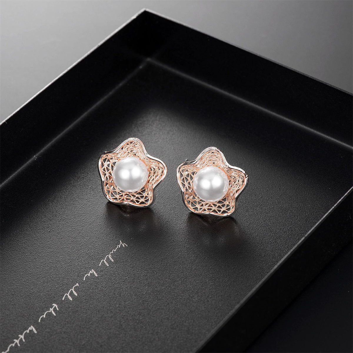 Pearl and 18K Rose Gold-Plated Flower Stud Earring and Pendant Necklace, rose gold stud earrings for women, detail close-up