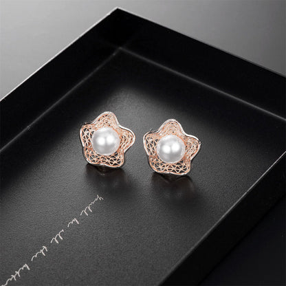 Pearl and 18K Rose Gold-Plated Flower Stud Earring and Pendant Necklace, rose gold stud earrings for women, detail close-up