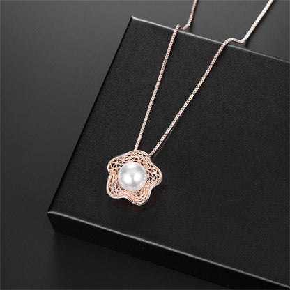 Pearl and 18K Rose Gold-Plated Flower Stud Earring and Pendant Necklace, rose gold stud earrings for women, lifestyle look