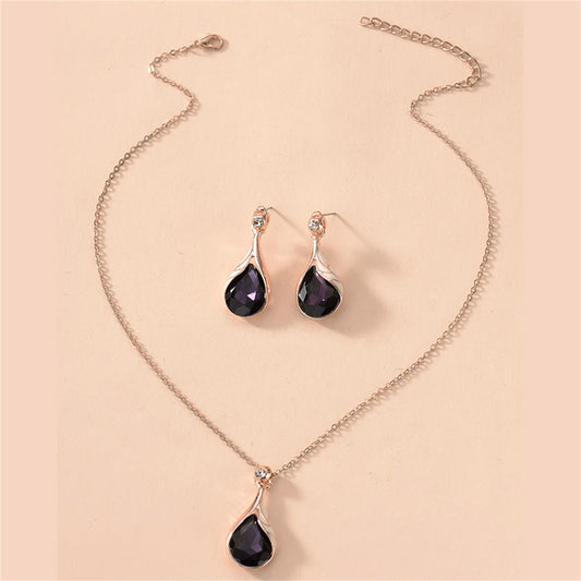 Purple Crystal and 18K Rose Gold-Plated Teardrop Earrings and Pendant Necklace, rose gold drop earrings for women, front view