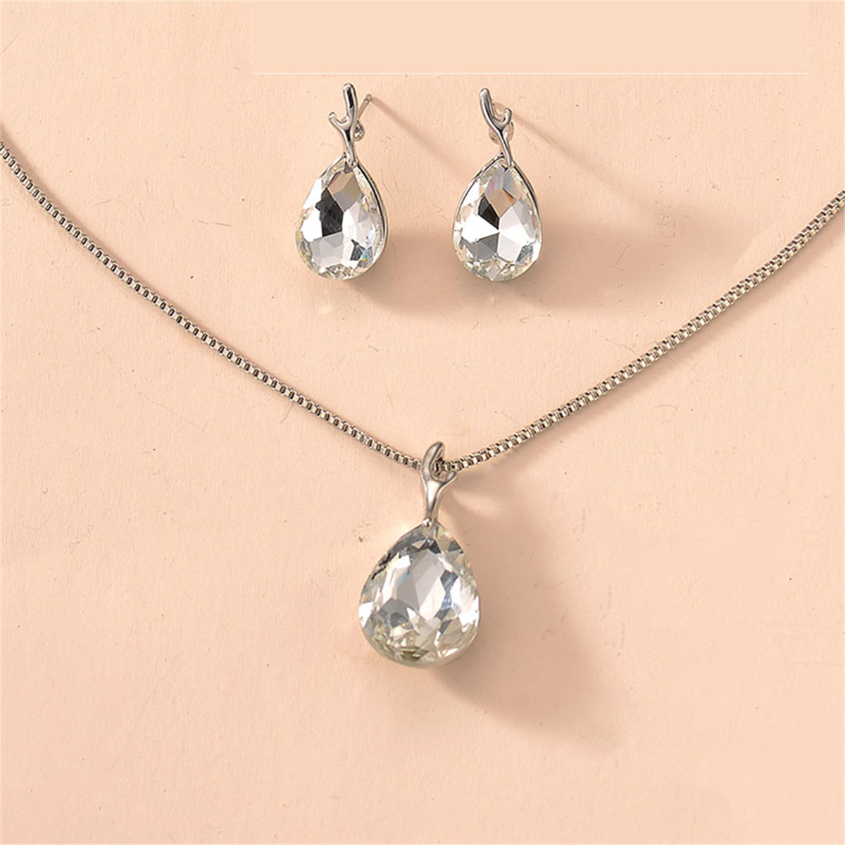 Crystal and Silver-Plated Drop Earring and Pendant Necklace, silver drop earrings for women, everyday style, front view