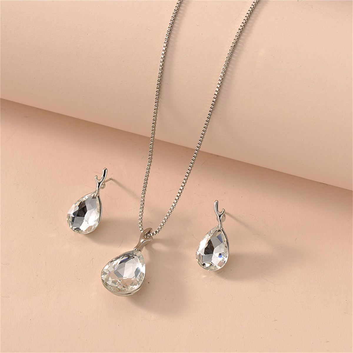 Crystal and Silver-Plated Drop Earring and Pendant Necklace, silver drop earrings for women, everyday style, detail close-up