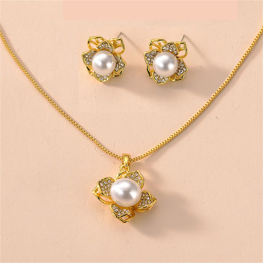 Pearl and Cubic Zirconia 18K Gold-Plated Flower Pendant Necklace and Earrings, gold stud earrings for women, front view
