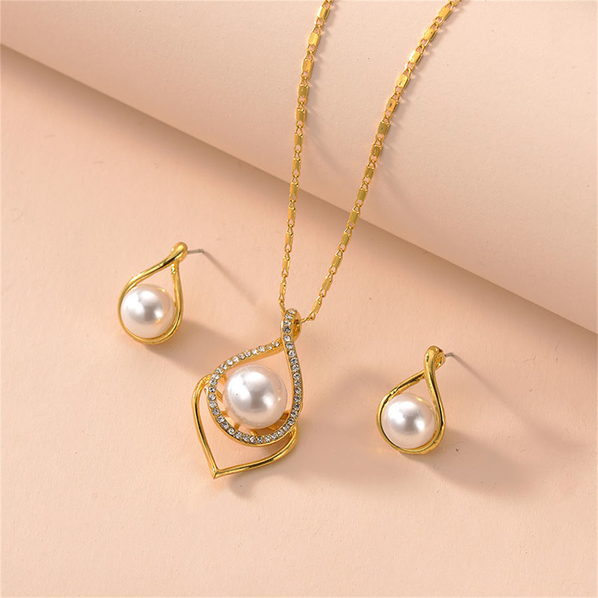 Pearl and Cubic Zirconia 18K Gold-Plated Earring and Necklace, gold stud earrings for women, front view
